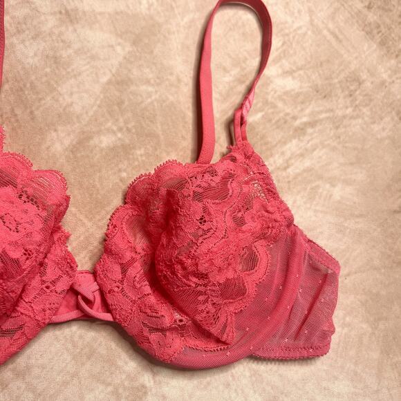 Vintage 90s Vanity Fair Floral Lace Bra Pink Mesh Polka Dot Lingerie Romantic - Picture 4 of 9